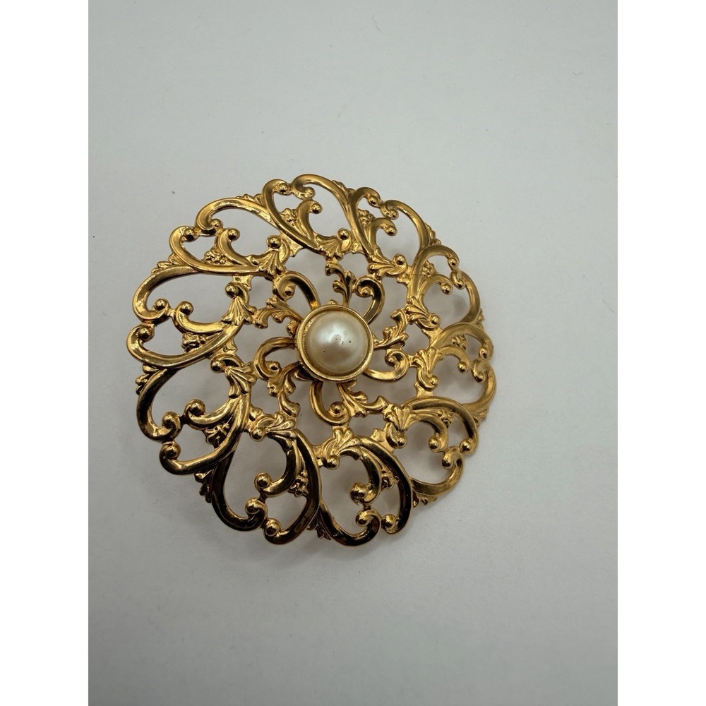 STUNNING VINTAGE ESTATE GOLD TONE PEARL FLORAL PIN 2 1/4" BROOCH! G44558